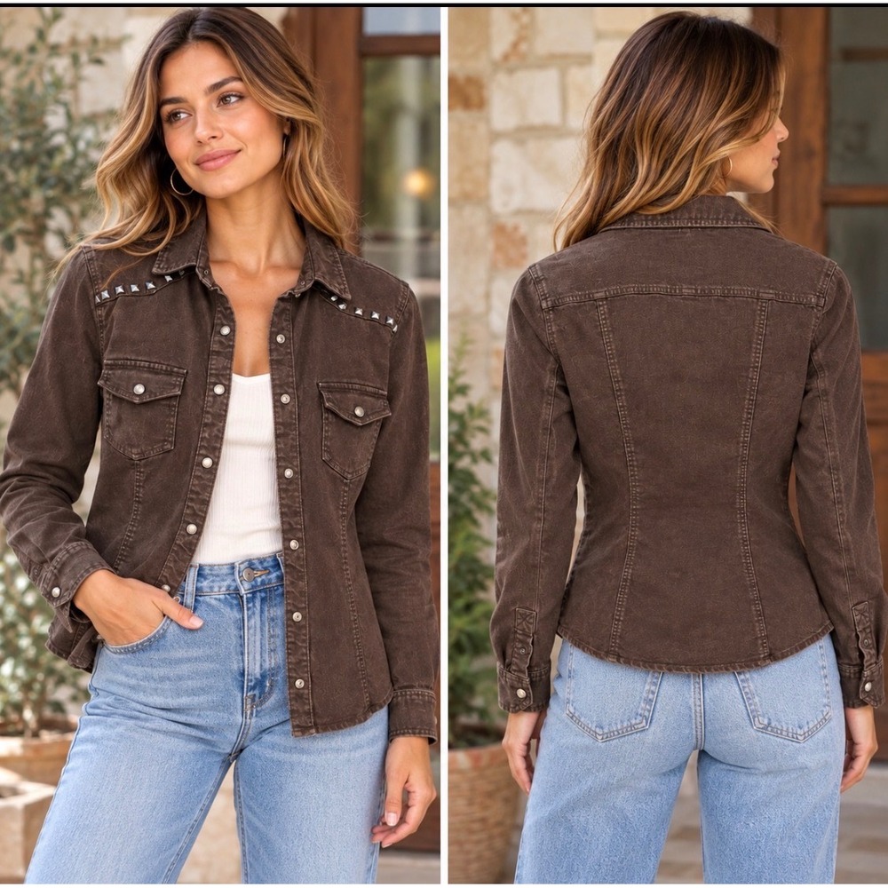 Zara TRF Brown Studded Denim Shacket Button Front Shirt Jacket Sz S Western